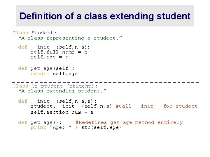 Definition of a class extending student Class Student: “A class representing a student. ” Definition of a class extending student Class Student: “A class representing a student. ”