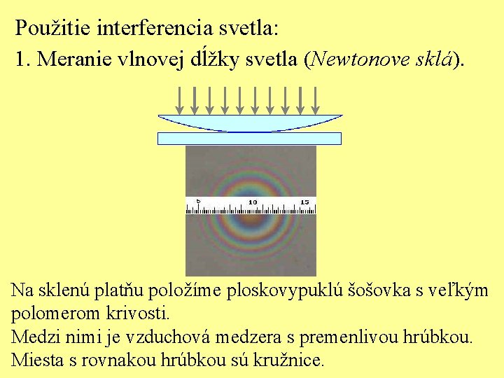 Použitie interferencia svetla: 1. Meranie vlnovej dĺžky svetla (Newtonove sklá). Na sklenú platňu položíme