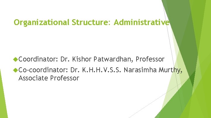 Organizational Structure: Administrative Coordinator: Dr. Kishor Patwardhan, Professor Co-coordinator: Dr. K. H. H. V.