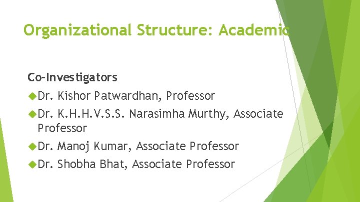 Organizational Structure: Academic Co-Investigators Dr. Kishor Patwardhan, Professor Dr. K. H. H. V. S.