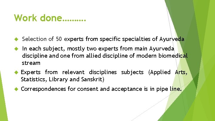 Work done………. Selection of 50 experts from specific specialties of Ayurveda In each subject,