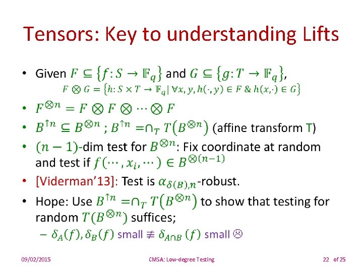 Tensors: Key to understanding Lifts • 09/02/2015 CMSA: Low-degree Testing 22 of 25 
