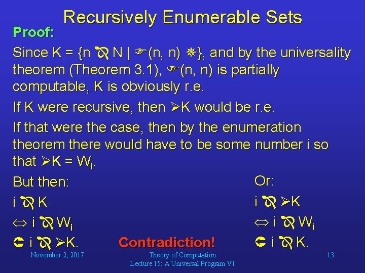 Recursively Enumerable Sets Proof: Since K = {n N | (n, n) }, and