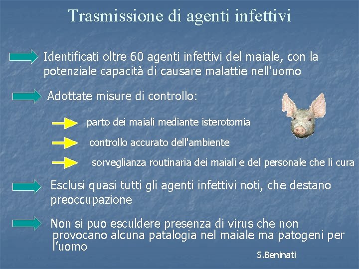 Trasmissione di agenti infettivi Identificati oltre 60 agenti infettivi del maiale, con la potenziale