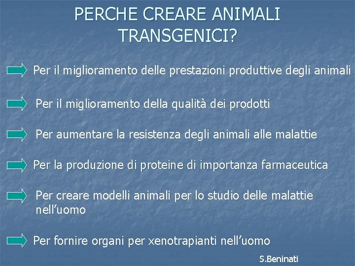 PERCHE CREARE ANIMALI TRANSGENICI? Per il miglioramento delle prestazioni produttive degli animali Per il