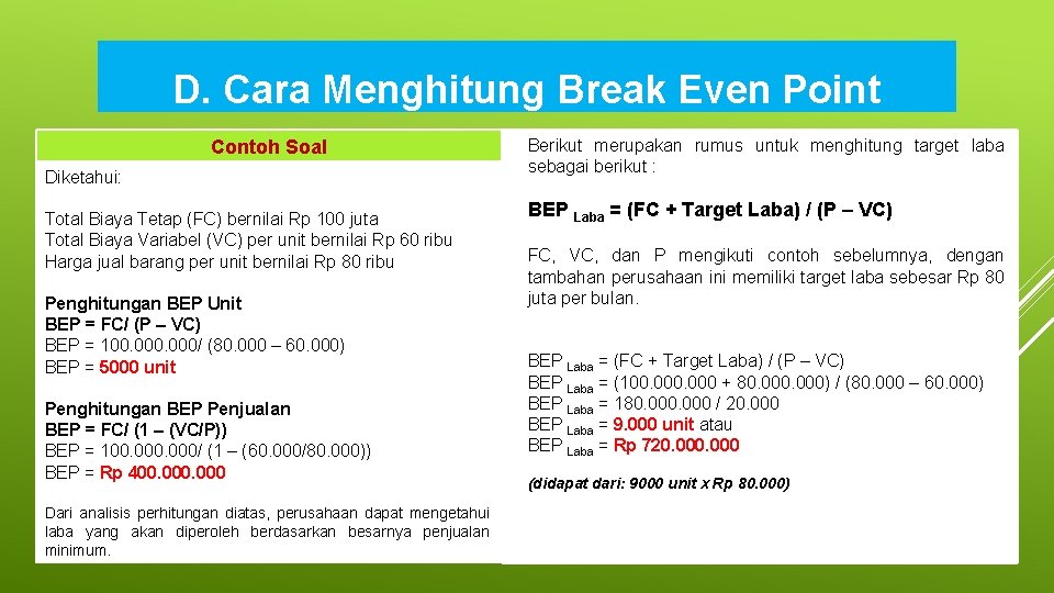 D. Cara Menghitung Break Even Point Contoh Soal Diketahui: Total Biaya Tetap (FC) bernilai