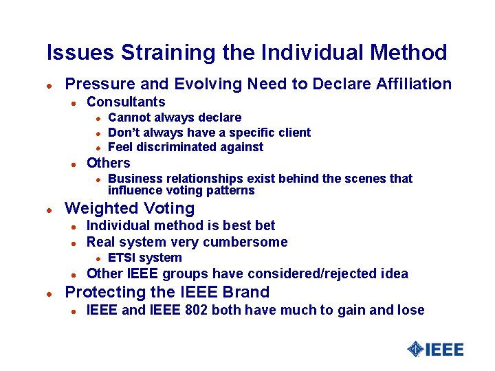 Issues Straining the Individual Method l Pressure and Evolving Need to Declare Affiliation l