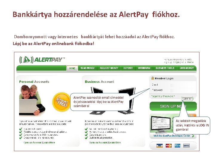 Bankkártya hozzárendelése az Alert. Pay fiókhoz. Dombornyomott vagy internetes bankkártyát lehet hozzáadni az Alert.