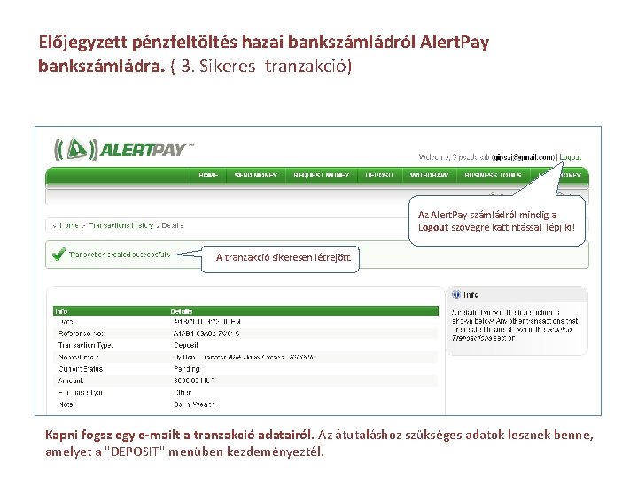 Előjegyzett pénzfeltöltés hazai bankszámládról Alert. Pay bankszámládra. ( 3. Sikeres tranzakció) Az Alert. Pay