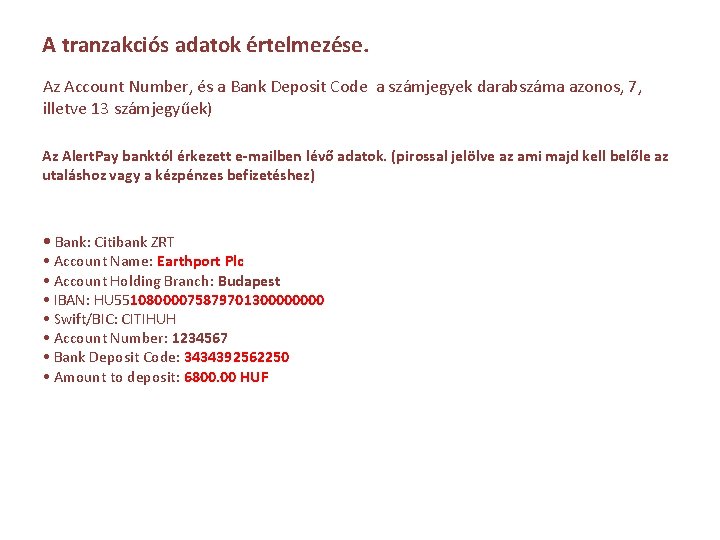 A tranzakciós adatok értelmezése. Az Account Number, és a Bank Deposit Code a számjegyek