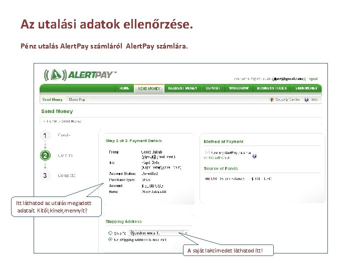 Az utalási adatok ellenőrzése. Pénz utalás Alert. Pay számláról Alert. Pay számlára. Itt láthatod