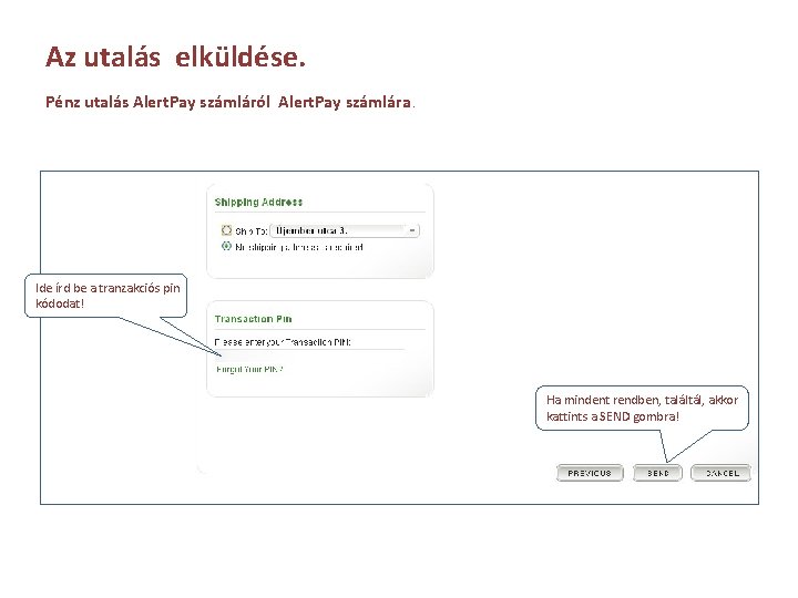 Az utalás elküldése. Pénz utalás Alert. Pay számláról Alert. Pay számlára. Ide írd be