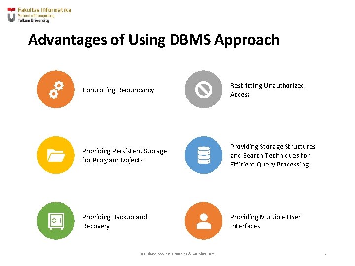 Advantages of Using DBMS Approach Controlling Redundancy Restricting Unauthorized Access Providing Persistent Storage for