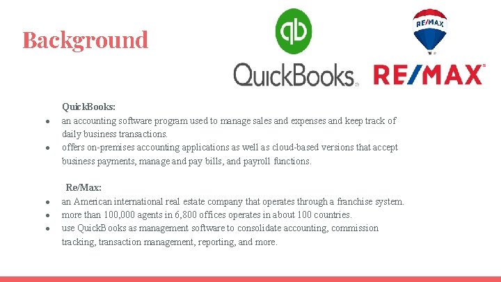 Background ● ● ● Quick. Books: an accounting software program used to manage sales