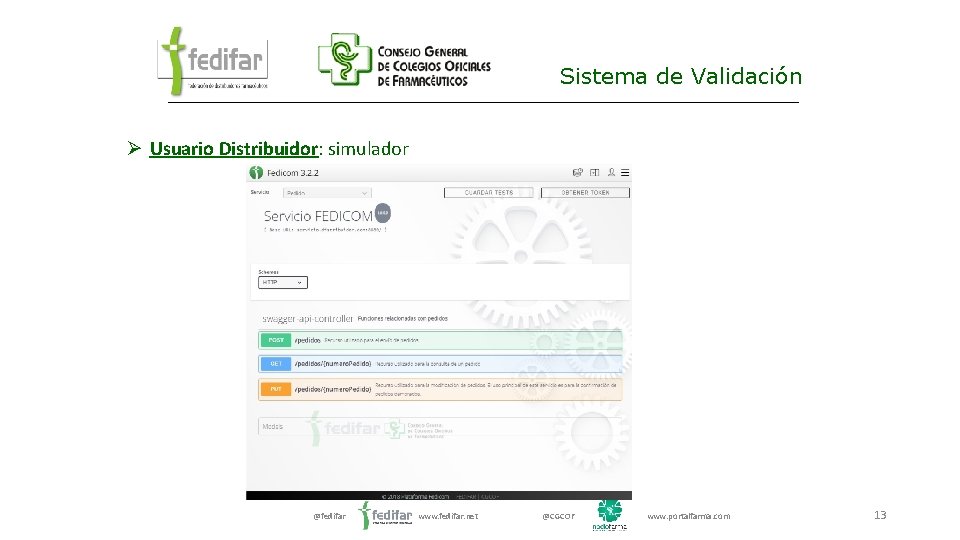 Sistema de Validación Ø Usuario Distribuidor: simulador @fedifar www. fedifar. net @CGCOF www. portalfarma.