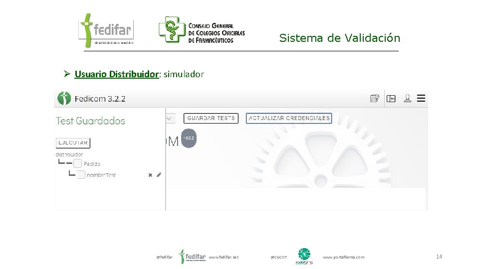 Sistema de Validación Ø Usuario Distribuidor: simulador @fedifar www. fedifar. net @CGCOF www. portalfarma.