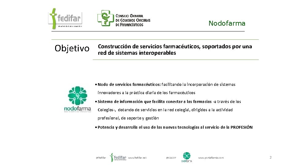 Nodofarma Objetivo Construcción de servicios farmacéuticos, soportados por una red de sistemas interoperables •