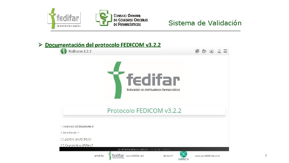Sistema de Validación Ø Documentación del protocolo FEDICOM v 3. 2. 2 @fedifar www.