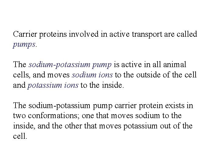 Carrier proteins involved in active transport are called pumps. The sodium-potassium pump is active