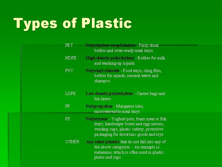 Types of Plastic PET Polyethylene terephthalate - Fizzy drink bottles and oven-ready meal trays.