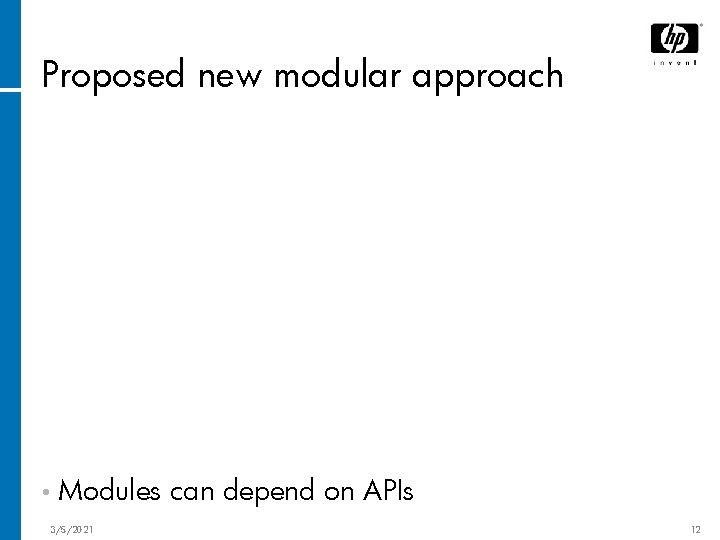 Proposed new modular approach • Modules 3/5/2021 can depend on APIs 12 