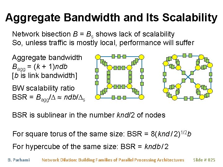 Aggregate Bandwidth and Its Scalability Network bisection B = Bs shows lack of scalability Aggregate Bandwidth and Its Scalability Network bisection B = Bs shows lack of scalability