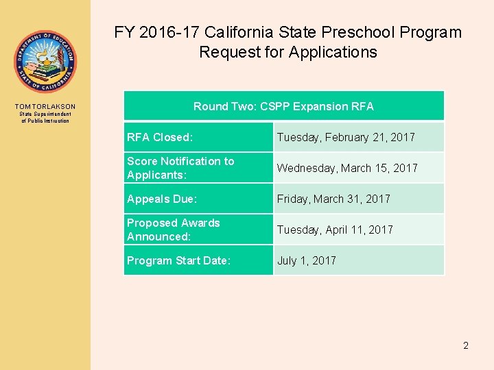FY 2016 -17 California State Preschool Program Request for Applications Round Two: CSPP Expansion