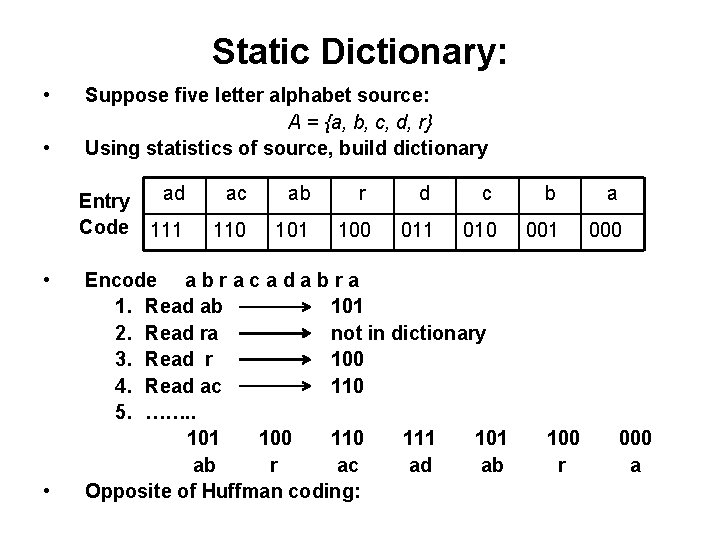 Static Dictionary: • • Suppose five letter alphabet source: A = {a, b, c, Static Dictionary: • • Suppose five letter alphabet source: A = {a, b, c,