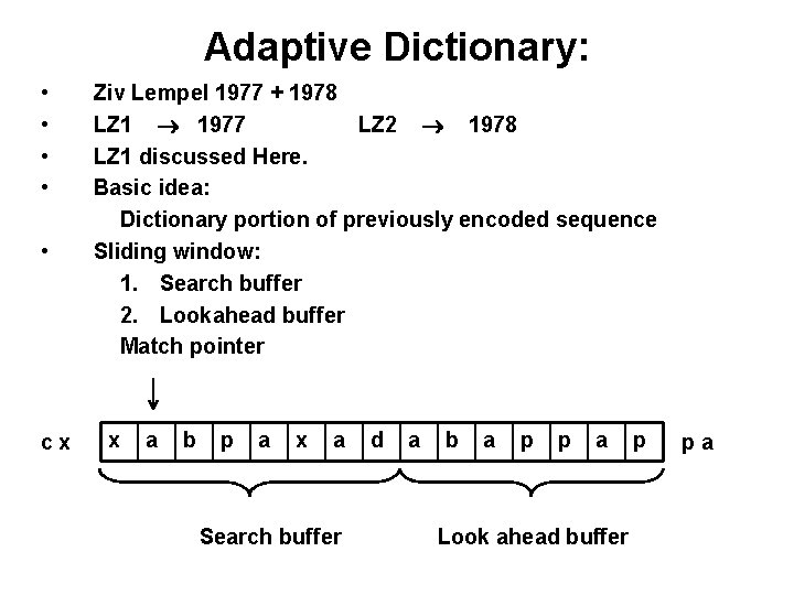 Adaptive Dictionary: • • • cx Ziv Lempel 1977 + 1978 LZ 1 1977 Adaptive Dictionary: • • • cx Ziv Lempel 1977 + 1978 LZ 1 1977