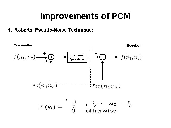 Improvements of PCM 1. Roberts’ Pseudo-Noise Technique: Transmitter Receiver + + + Uniform Quantizer Improvements of PCM 1. Roberts’ Pseudo-Noise Technique: Transmitter Receiver + + + Uniform Quantizer