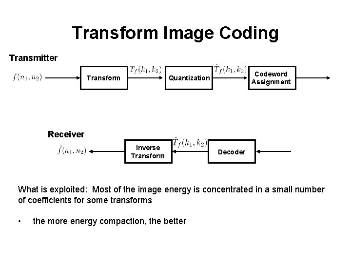 Transform Image Coding Transmitter Transform Codeword Assignment Quantization Receiver Inverse Transform Decoder What is Transform Image Coding Transmitter Transform Codeword Assignment Quantization Receiver Inverse Transform Decoder What is