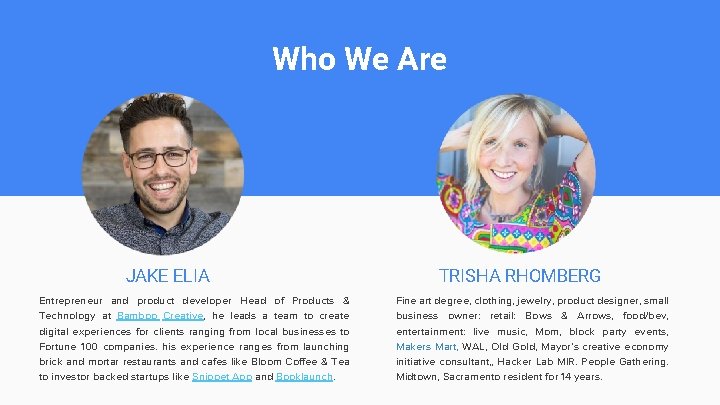 Who We Are JAKE ELIA Entrepreneur and product developer Head of Products & Technology