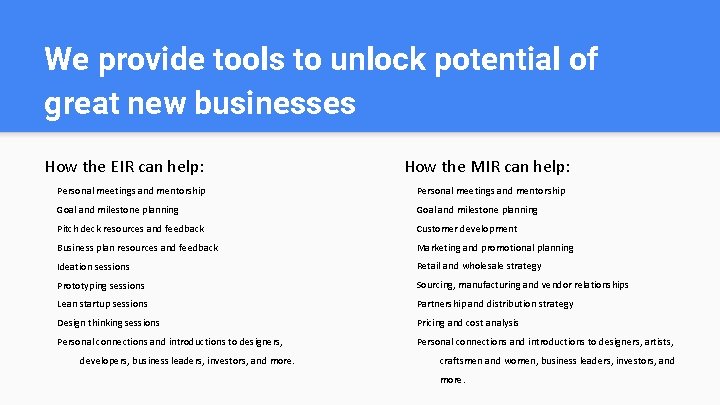 We provide tools to unlock potential of great new businesses How the EIR can