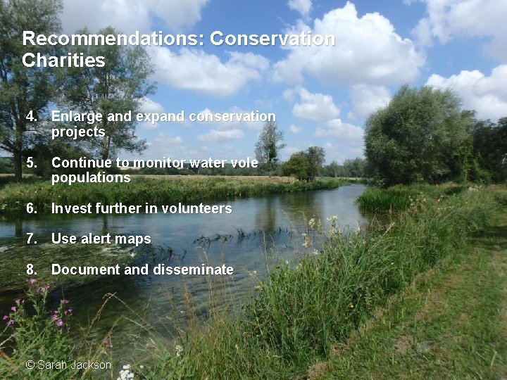 Recommendations: Conservation Charities 4. Enlarge and expand conservation projects 5. Continue to monitor water