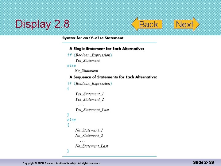 Display 2. 8 Copyright © 2008 Pearson Addison-Wesley. All rights reserved. Back Next Slide