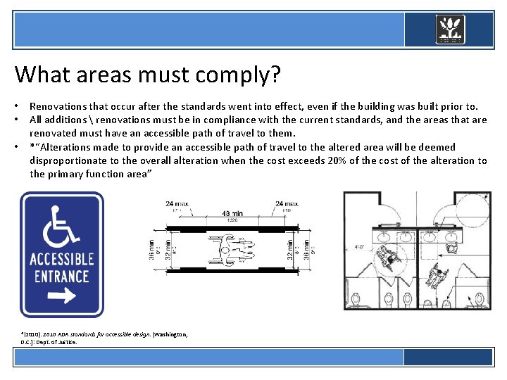  What areas must comply? • • • Renovations that occur after the standards