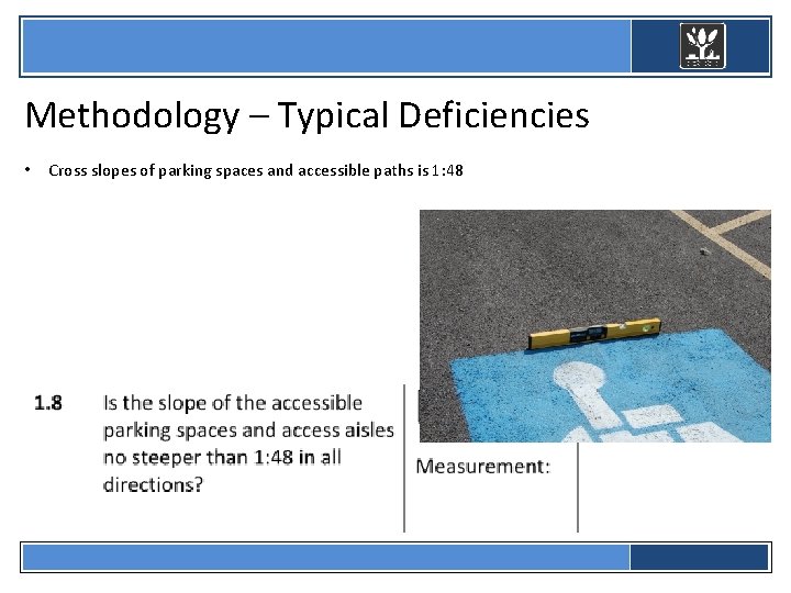  Methodology – Typical Deficiencies • Cross slopes of parking spaces and accessible paths