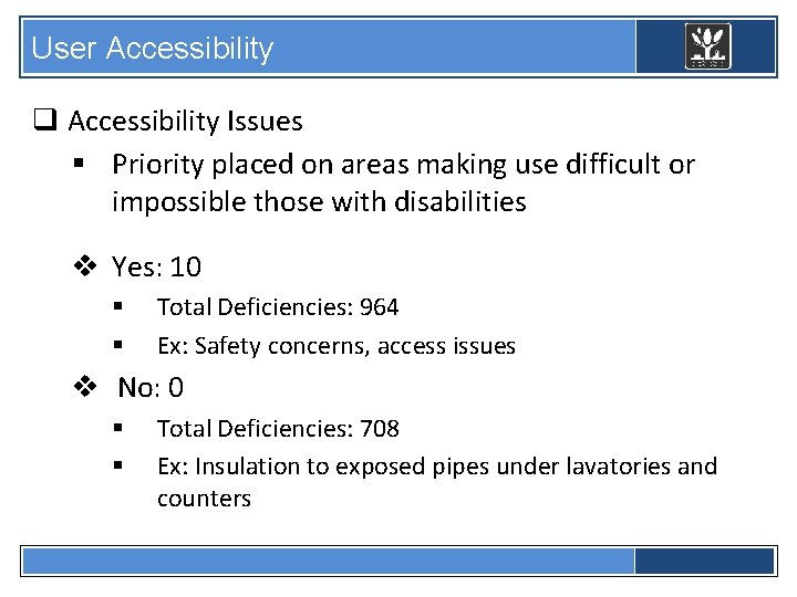 User Accessibility q Accessibility Issues § Priority placed on areas making use difficult or