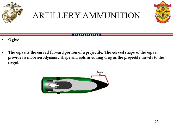 ARTILLERY AMMUNITION • Ogive • The ogive is the curved forward portion of a