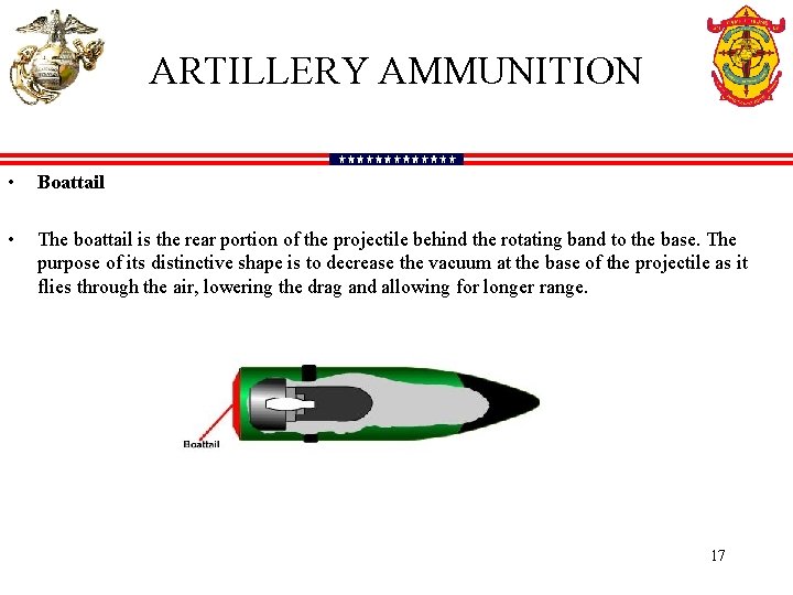 ARTILLERY AMMUNITION • Boattail • The boattail is the rear portion of the projectile