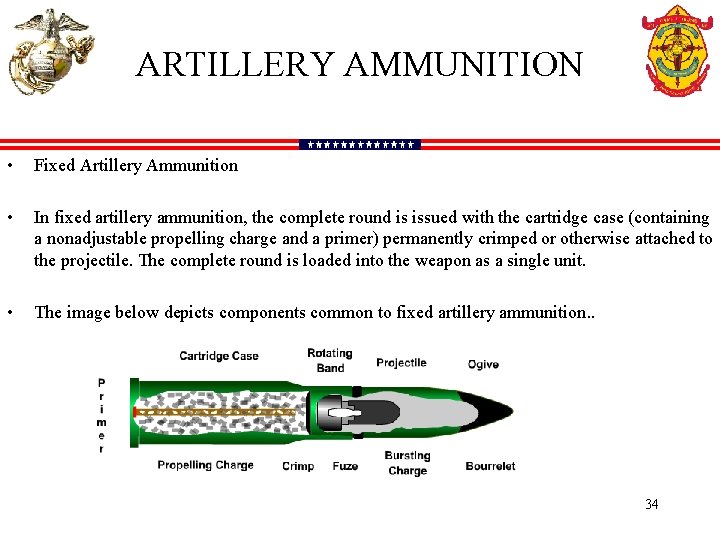 ARTILLERY AMMUNITION • Fixed Artillery Ammunition • In fixed artillery ammunition, the complete round