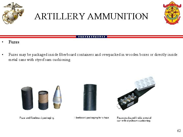 ARTILLERY AMMUNITION • Fuzes may be packaged inside fiberboard containers and overpacked in wooden