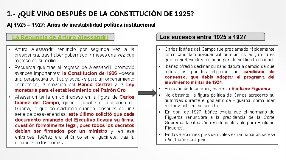 1. - ¿QUÉ VINO DESPUÉS DE LA CONSTITUCIÓN DE 1925? A) 1925 – 1927:
