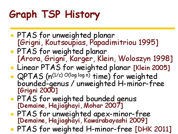 Graph TSP History · PTAS for unweighted planar [Grigni, Koutsoupias, Papadimitriou 1995] · PTAS
