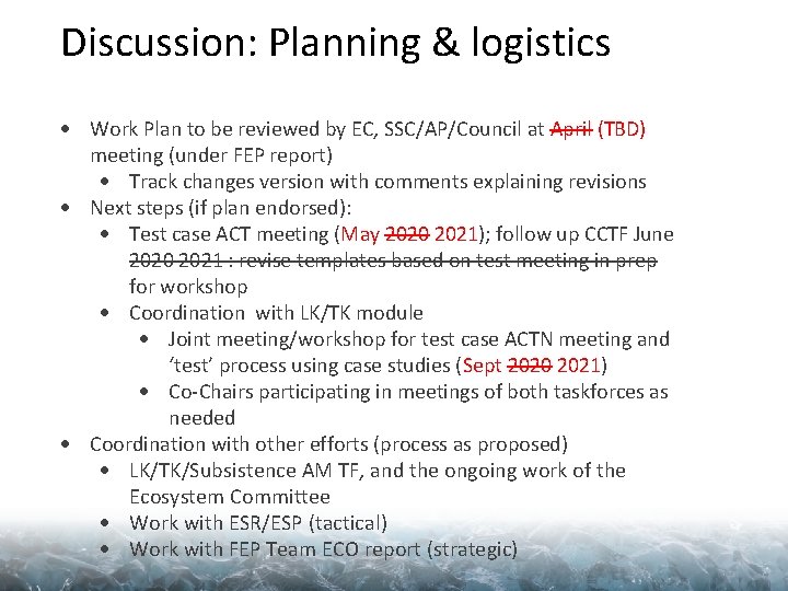 Discussion: Planning & logistics Work Plan to be reviewed by EC, SSC/AP/Council at April