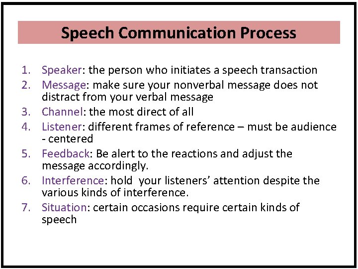 Speech Communication Process 1. Speaker: the person who initiates a speech transaction 2. Message: