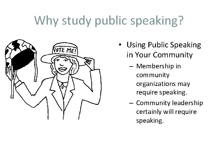 Why study public speaking? • Using Public Speaking in Your Community – Membership in