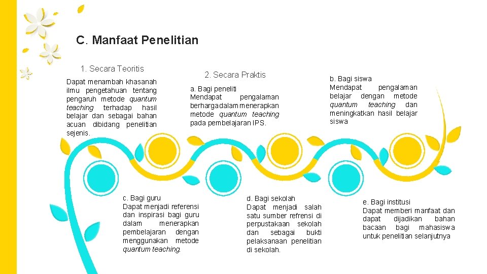 C. Manfaat Penelitian 1. Secara Teoritis Dapat menambah khasanah ilmu pengetahuan tentang pengaruh metode