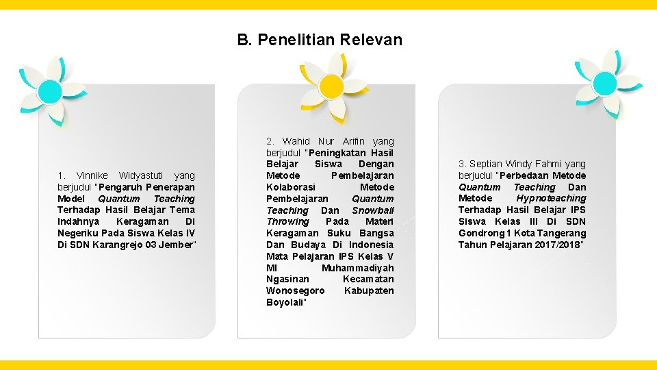 B. Penelitian Relevan 1. Vinnike Widyastuti yang berjudul “Pengaruh Penerapan Model Quantum Teaching Terhadap B. Penelitian Relevan 1. Vinnike Widyastuti yang berjudul “Pengaruh Penerapan Model Quantum Teaching Terhadap