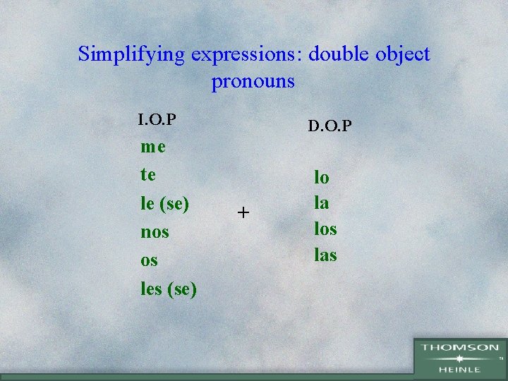 Simplifying expressions: double object pronouns • I. O. P me te le (se) nos Simplifying expressions: double object pronouns • I. O. P me te le (se) nos